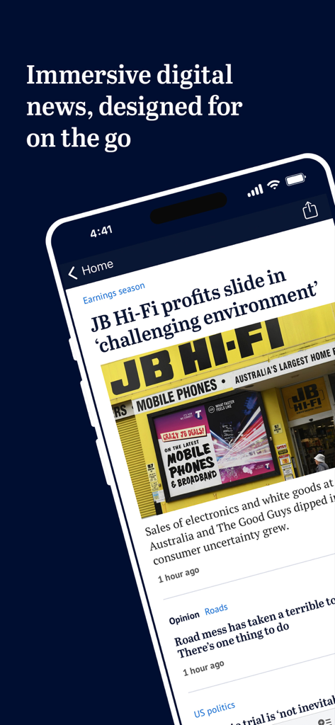 The Sydney Morning Herald - Schermata dello smartphone che mostra l'app di notizie Sydney Morning Herald con un titolo di articolo di business e un layout di notizie digitali immersivo.