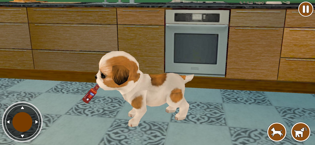 Un pequeño cachorro virtual llevando una botella roja en un entorno de cocina en Dog Simulator Pet Animal Games