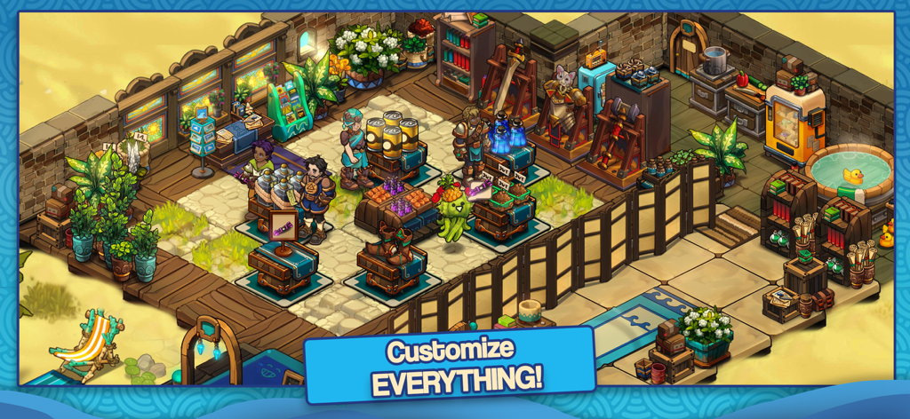 Tiny Shop - Eine isometrische Ansicht eines handgemalten Fantasy-Ladeninterieurs in Tiny Shop mit verschiedenen Dekorationen und magischen Gegenständen zum Verkauf.