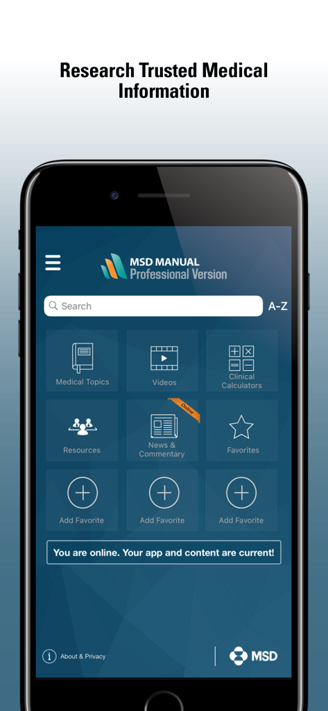 Home screen of the MSD Manual Professional app featuring medical topics, videos, and clinical calculators.