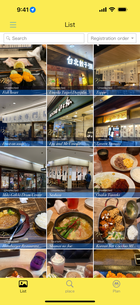 We love OSAKA - Captura de pantalla de la aplicación We love OSAKA que muestra una lista en cuadrícula de restaurantes y tiendas locales recomendados con fotos