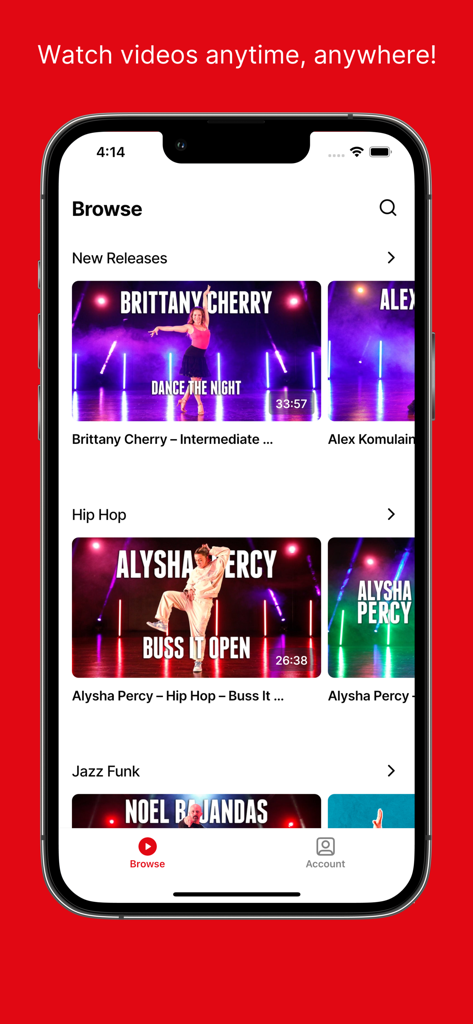 TMILLY TV - Learn To Dance - Smartphone screen displaying the TMilly TV app browse menu with categories for new releases, hip hop, and jazz funk dance classes.