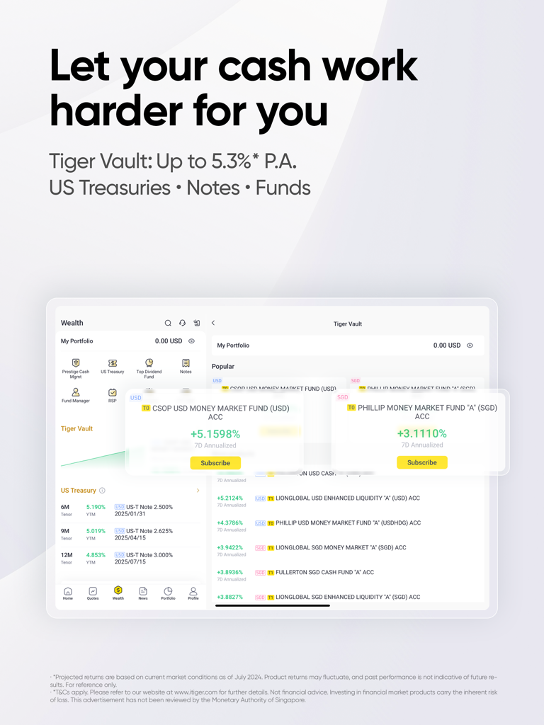 Tiger Trade - One stop trading - Tiger Trade app interface showcasing Tiger Vault cash management and money market fund yields