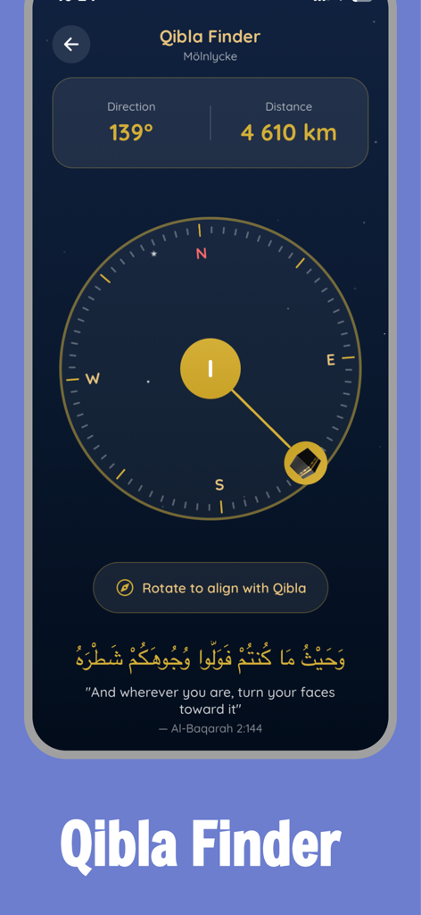 Salah Lock Qibla Finder screen showing the direction and distance to Mecca with a Quranic verse