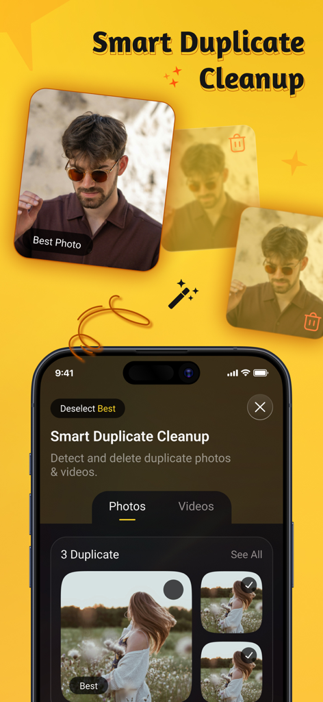 SnapTube - Video & Photo Save - Interfaz de la aplicación SnapTube que muestra la función de limpieza inteligente de fotos duplicadas que identifica la mejor toma y marca otras para su eliminación