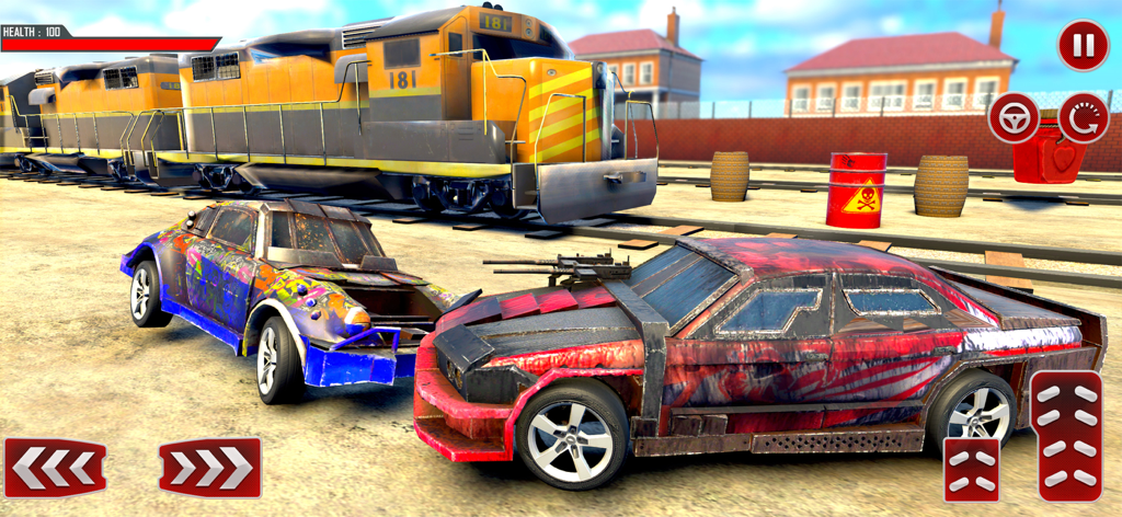 Train Car Derby Crash Sim 3D - Custom derby cars and a yellow train in a 3D demolition simulation game