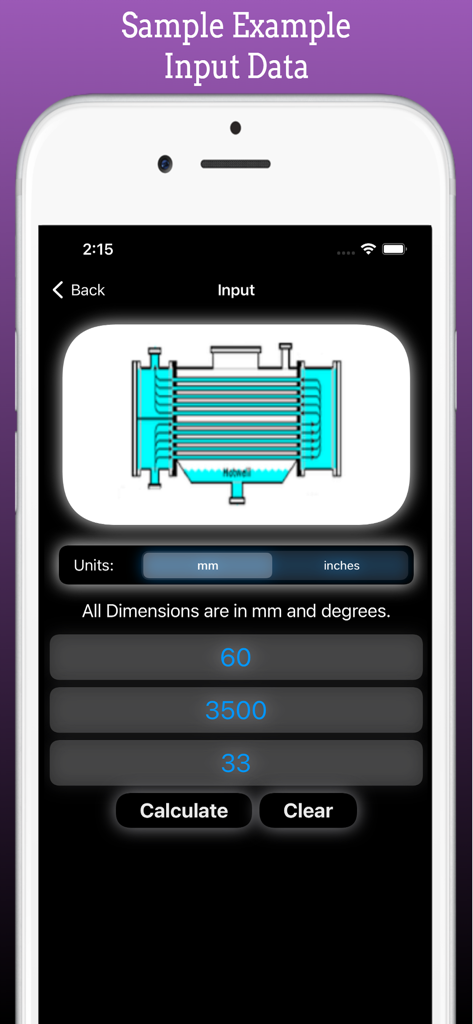 Schermata di input dell'app mobile Heat Exchanger Area Pro che mostra i campi di calcolo e un diagramma tecnico