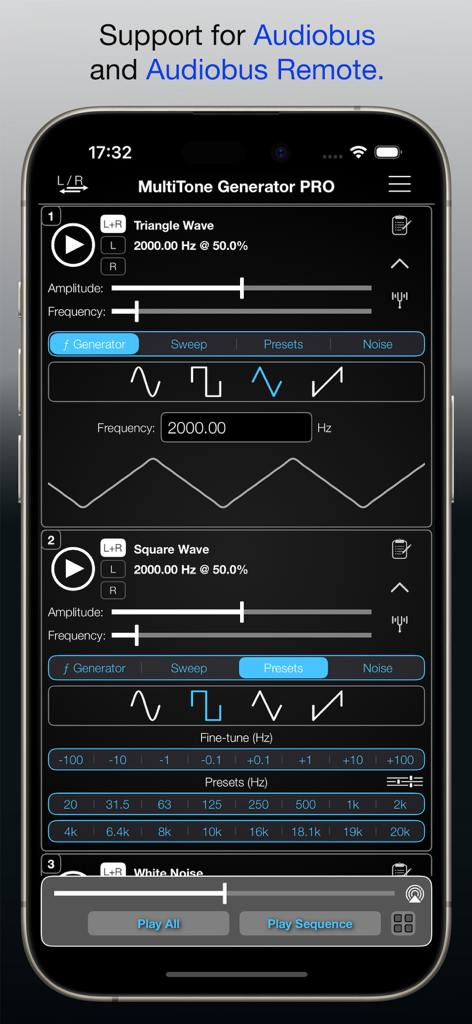 MultiTone Generator PRO - MultiTone Generator PRO app interface showing multiple frequency wave settings and Audiobus support.