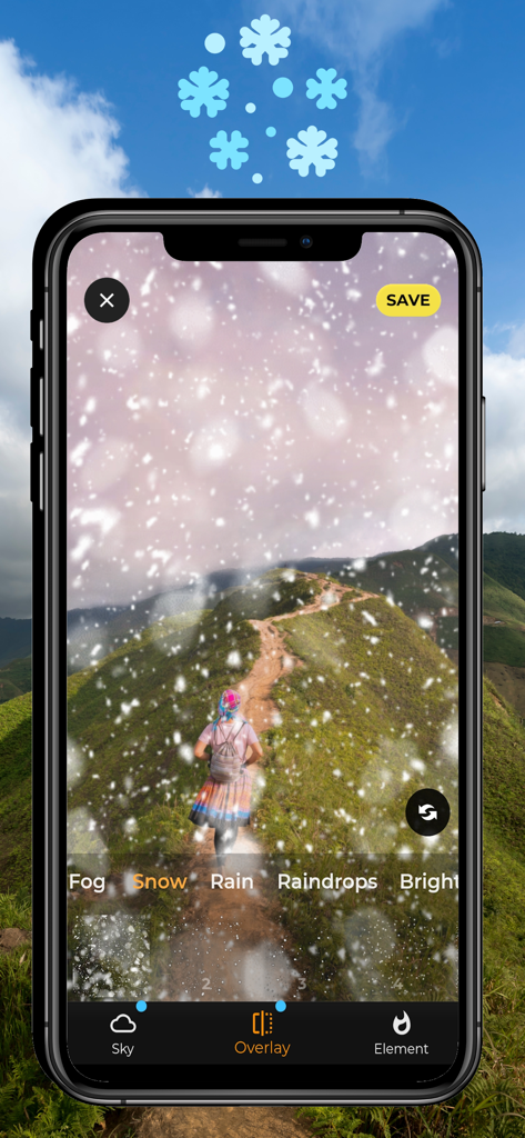 Sky Editor - SkyPic - SkyPic app interface showing a snow overlay effect being applied to a hiking photo in the mountains