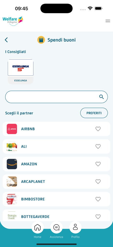 Pellegrini Card - Interface of the Pellegrini Card app showing a list of partner merchants like Amazon and Airbnb where users can spend their vouchers