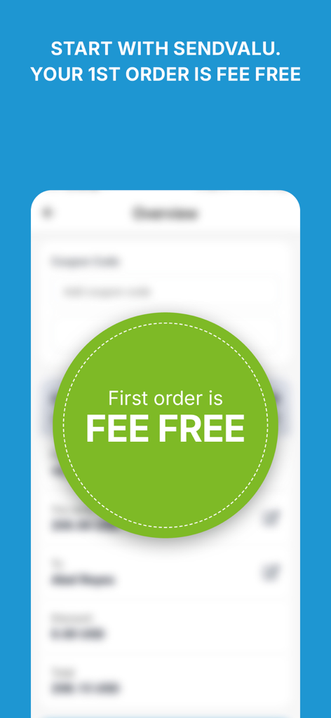 Promotional banner for Sendvalu showing first international money transfer order is fee free