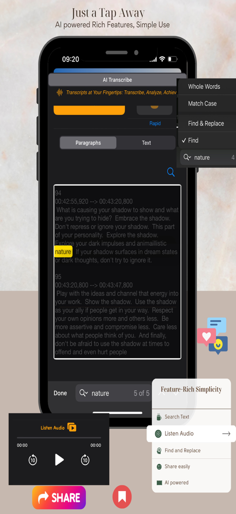 AI Transcribe app interface showing a searchable transcript with timestamps and audio controls on an iPhone