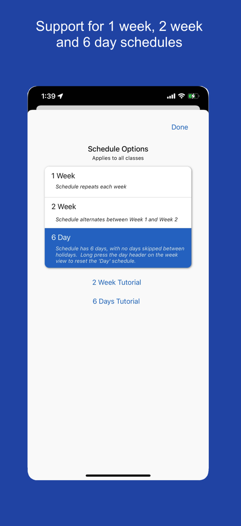 Class Planner (cloud) - Interface for selecting class schedule cycles including 1-week, 2-week, and 6-day options