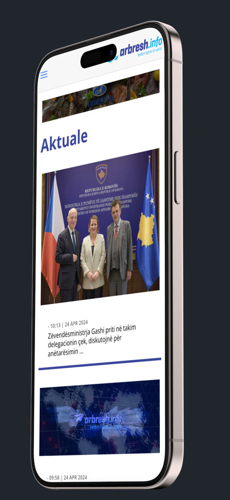 Arbresh.info - The Arbresh.info mobile app interface displaying latest news headlines in Albanian