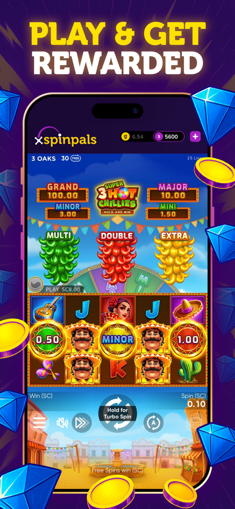 Mobile screenshot of SpinPals Slots and Casino Games showing Mexican themed slot machine and daily rewards