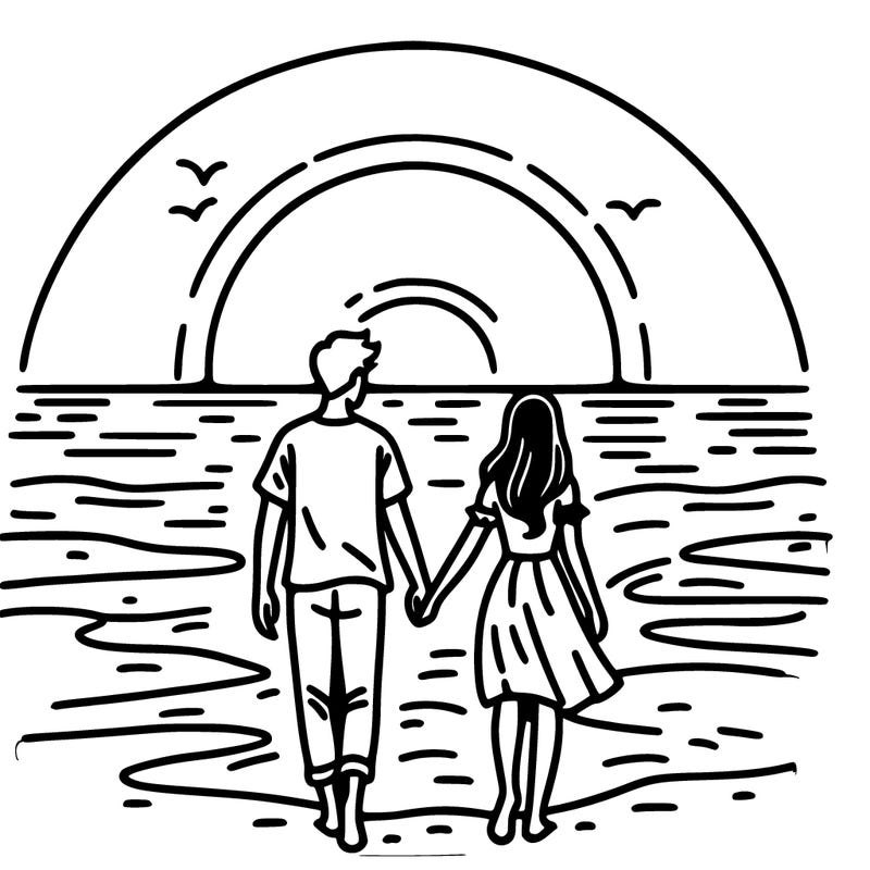 a couple walking on the beach at sun set