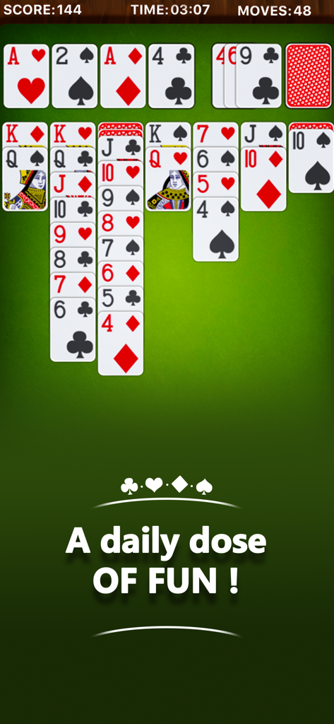 Solitaire Klondike * - A mobile game screen of Solitaire Klondike with large easy to read cards and a text overlay saying A daily dose of fun