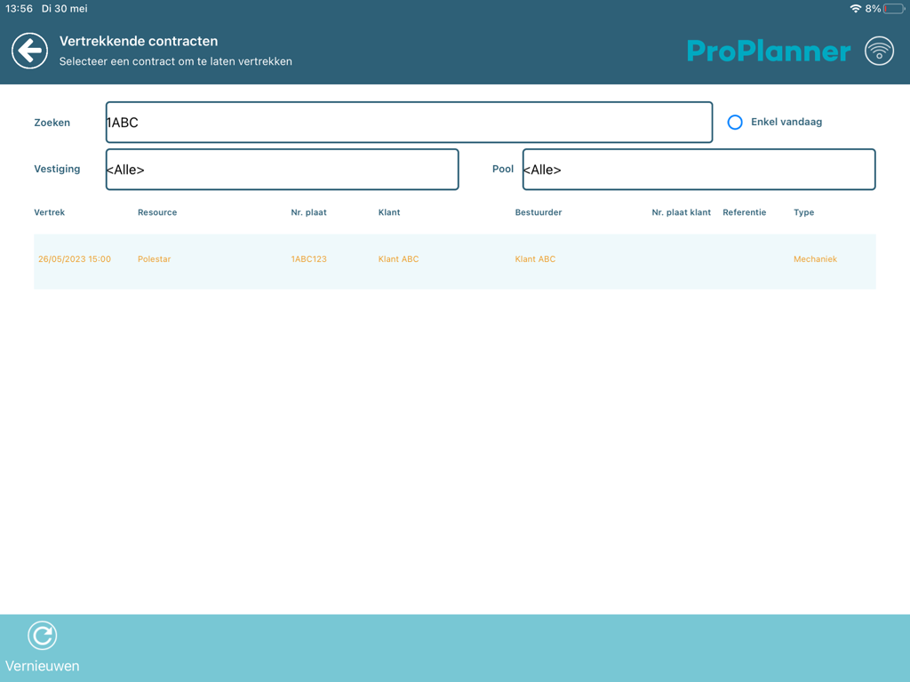ProPlanner - ProPlanner fleet management interface showing departing vehicle contracts
