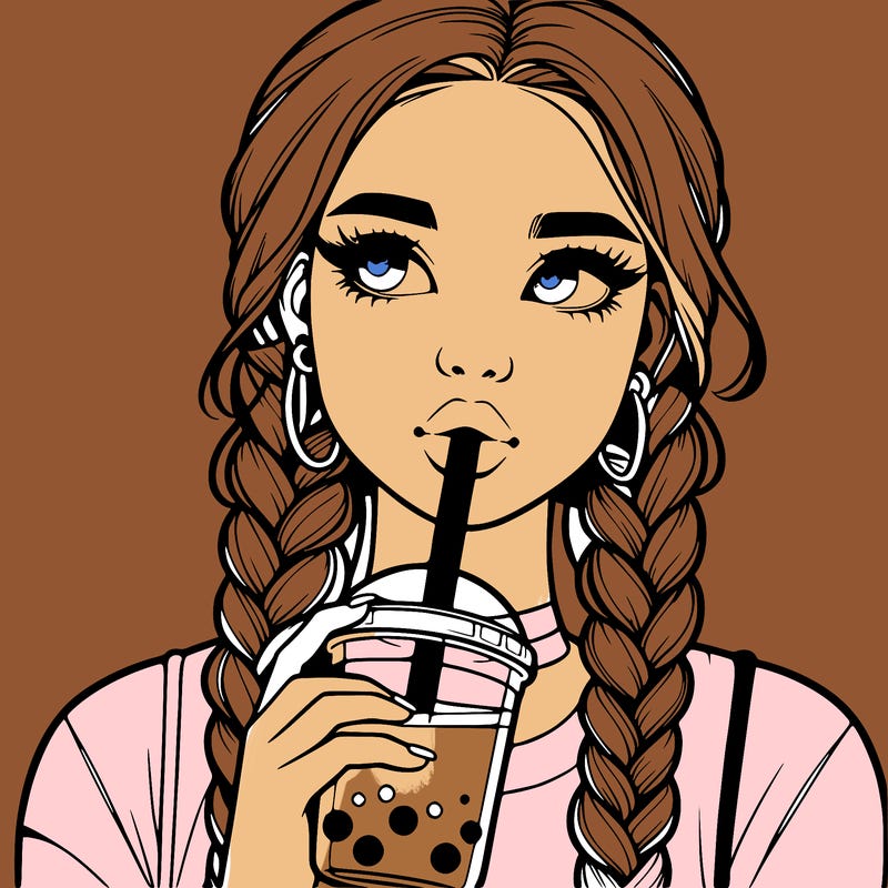 realistic girl with braided hair drinking boba