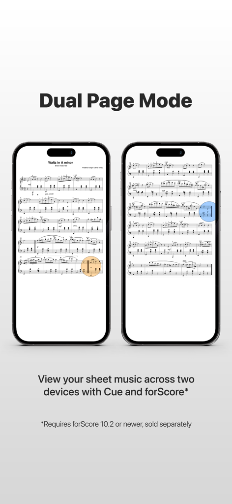Dos teléfonos inteligentes uno al lado del otro mostrando partituras en modo de doble página
