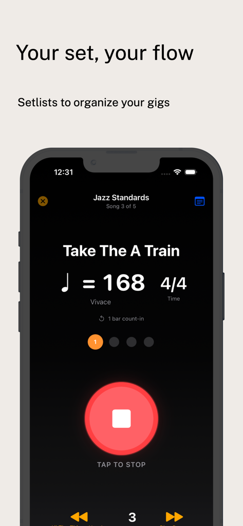 Bildschirm der Metronom-App, der eine Setliste für Jazz-Standards mit Tempo- und Taktart-Einstellungen zeigt