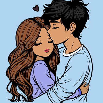 a realistic couple boy and girl hugging and kissing