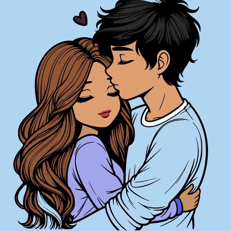 a realistic couple boy and girl hugging and kissing