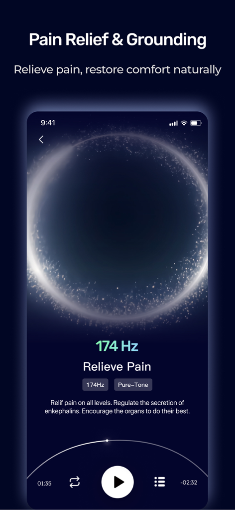 Frequency: Healing Sounds - Mobile app interface for natural pain relief and grounding using 174Hz sound frequency