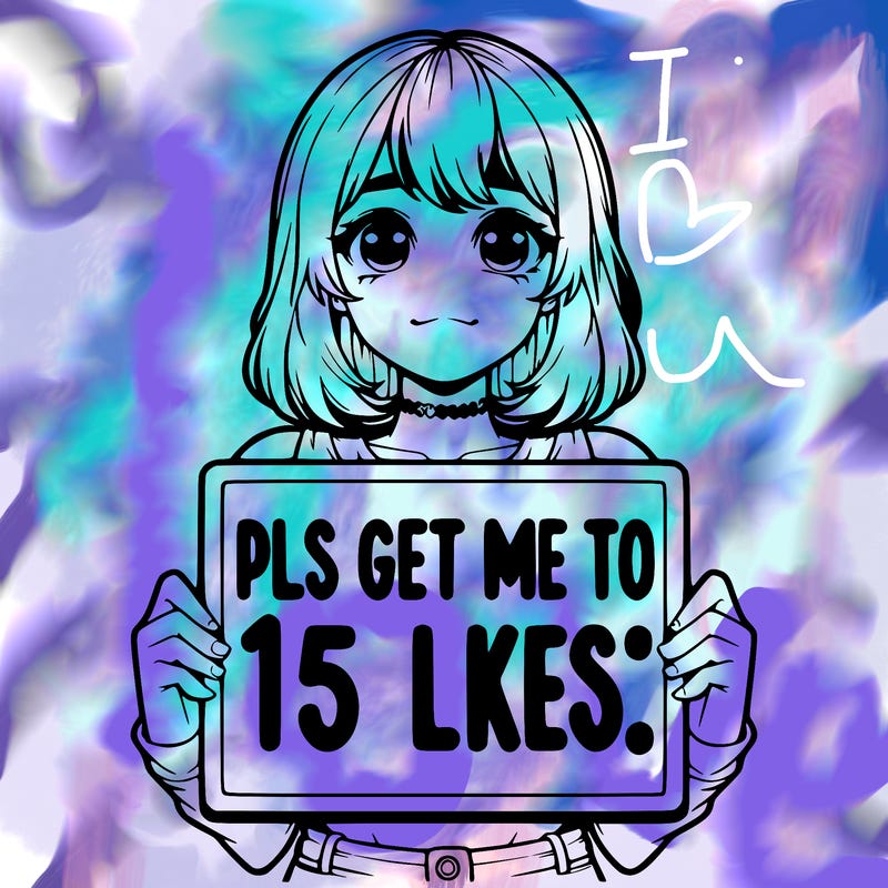 realistic girl holding up a sign that says “pls get me to 15 likes!”