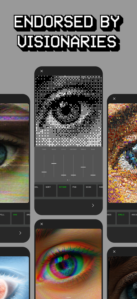 Glitché: Digital Art - Glitché app interface showcasing experimental digital art filters and visual effects like dither and rainbow eyes