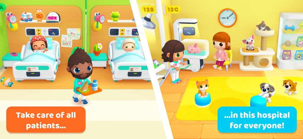 Central Hospital Stories - Una vista a schermo diviso di Central Hospital Stories che mostra un reparto pediatrico con pazienti e una clinica veterinaria con vari animali domestici e personale medico.