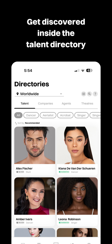 Industry Auditions - Schermata della directory dei talenti dell'app Industry Auditions con profili di performer professionisti e categorie