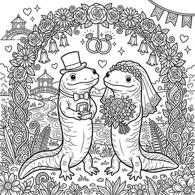Dive into a wonderfully unique celebration with this Hellbender wedding coloring page. Watch as these fascinating amphibians embark on their special day, surrounded by elegant floral designs.