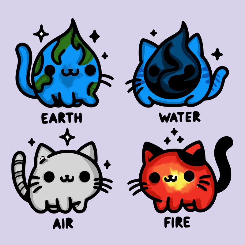 4 cats that represent the different elements, earth, water, air, and fire