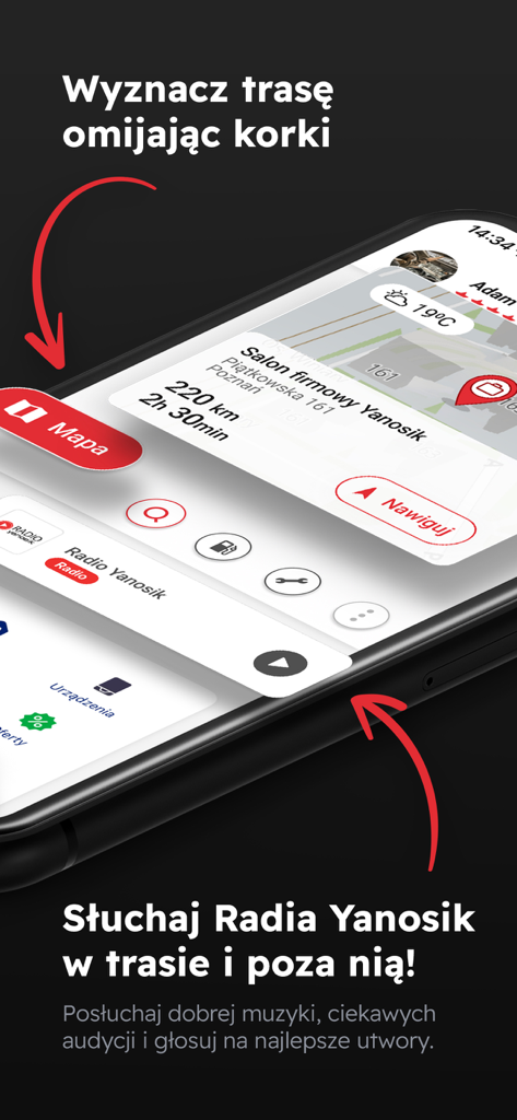 Smartphone screen showing Yanosik app features for route planning to avoid traffic jams and listening to Radio Yanosik.