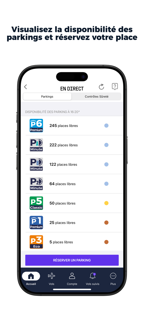 Aéroport MP - Interfaccia di prenotazione e disponibilità parcheggio in tempo reale per l'app dell'Aeroporto di Marsiglia Provenza.
