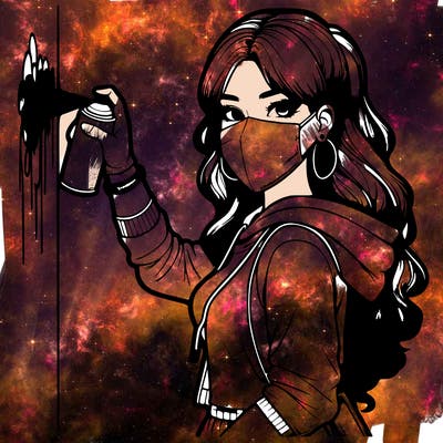 realistic girl with mask spray painting a wall