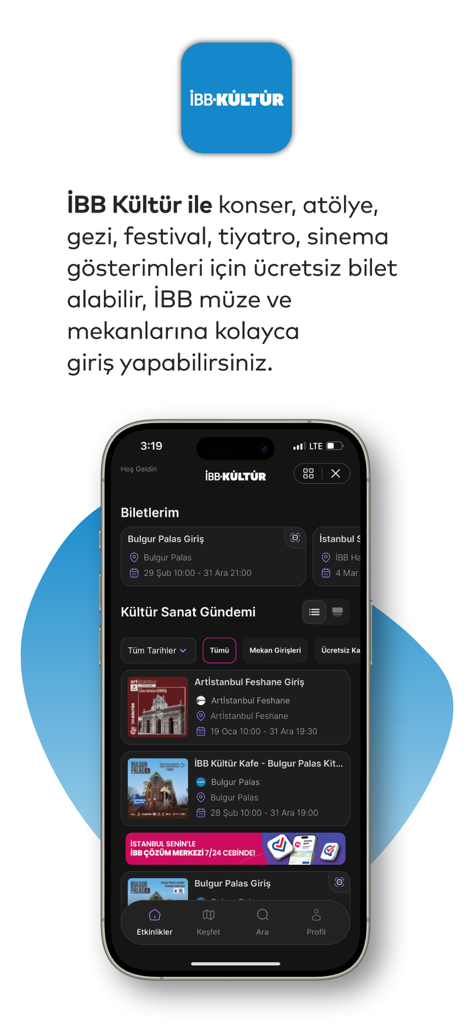 İstanbul Senin - Smartphone-Bildschirm der Istanbul Senin App, der kulturelle Veranstaltungen und kostenlose Ticketoptionen für Museen und Konzerte anzeigt.