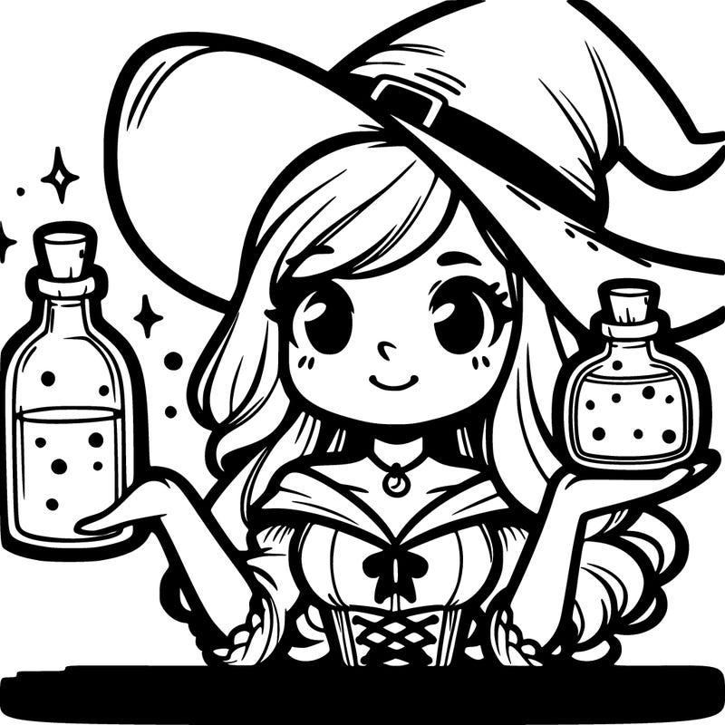 a witch holding a potion bottle with a white background