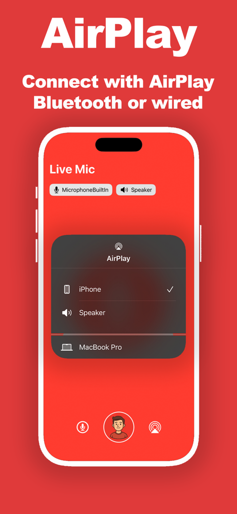 Mic Live - Mic Live app interface showing AirPlay and Bluetooth connection options for external speakers