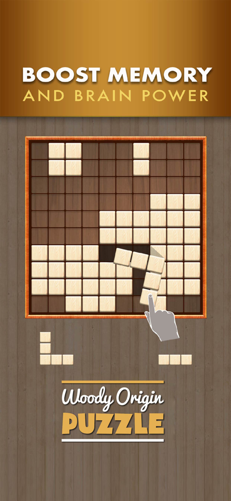 Block Puzzle Woody Origin - Screenshot del gameplay di Woody Origin che mostra blocchi di legno su una griglia con un titolo sul potenziamento della memoria e della potenza cerebrale