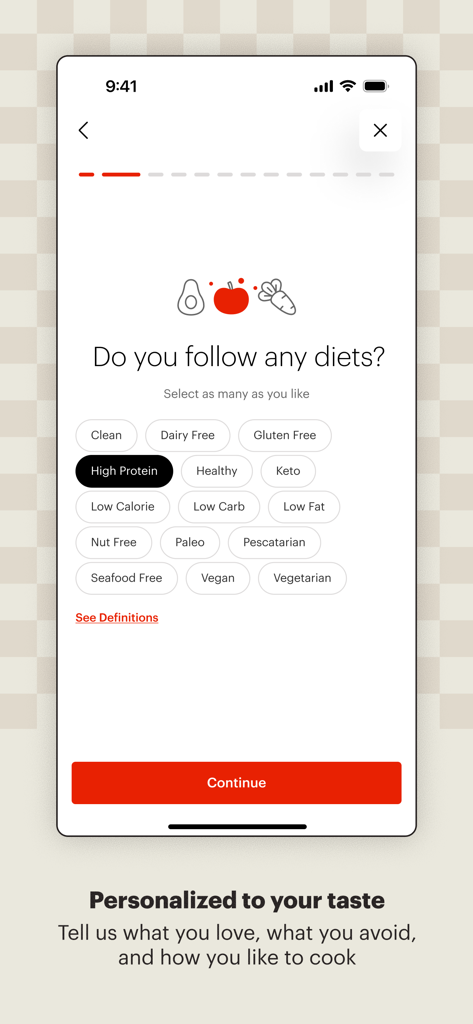 Interfaz de la aplicación Tastemade Cooking que muestra la selección de preferencias dietéticas para planes de comidas personalizados.