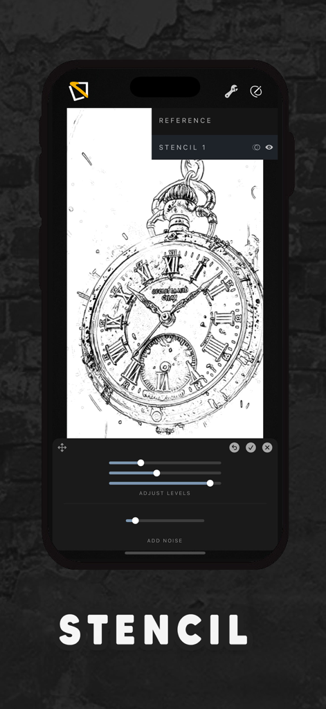 TatToolkit - Ein Screenshot der TatToolkit-App, der ein Taschenuhrbild zeigt, das mit Pegel- und Rauschreglern in eine Tattoo-Schablone umgewandelt wird.