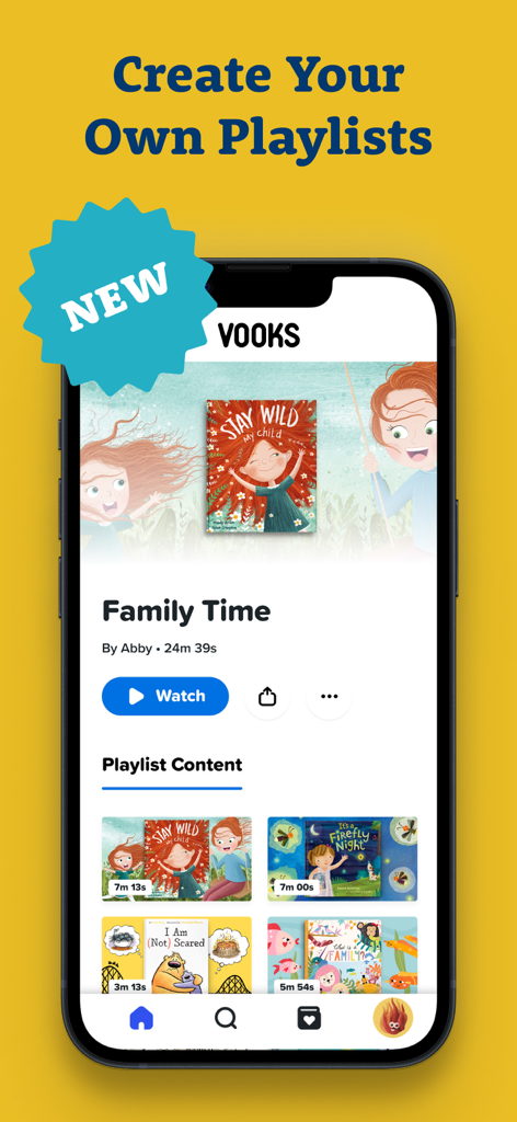 Interface of the Vooks app showing the feature to create personalized children's storybook playlists.