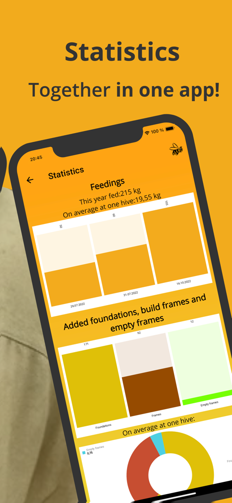 Apiary Book Beekeeping ApiNote - Pantalla de estadísticas de la aplicación de apicultura que muestra gráficos de alimentación de colmenas y de cuadros