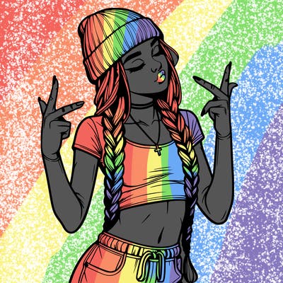 realistic teenage girl with braids and a beanie and crop top doing 🫶🏼