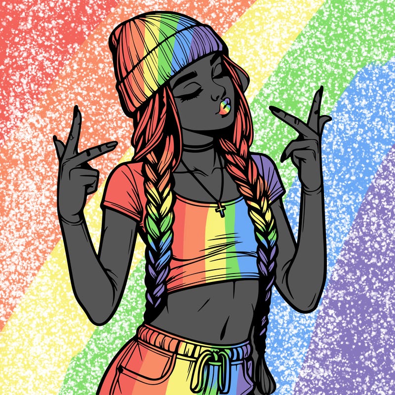 realistic teenage girl with braids and a beanie and crop top doing 🫶🏼