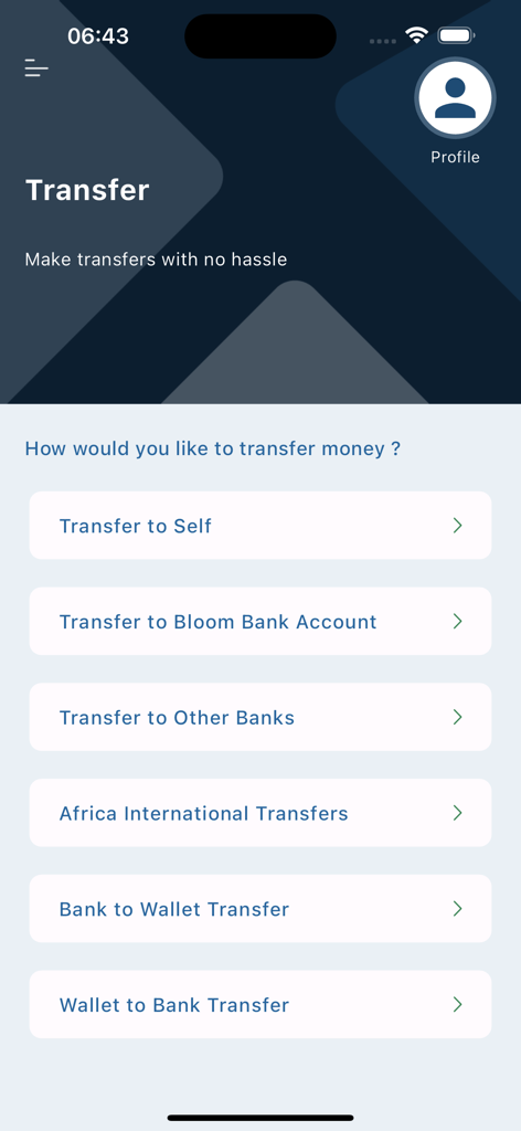Bloom Bank Mobile - Bloom Bank Mobile app screen showing money transfer options including international and wallet transfers