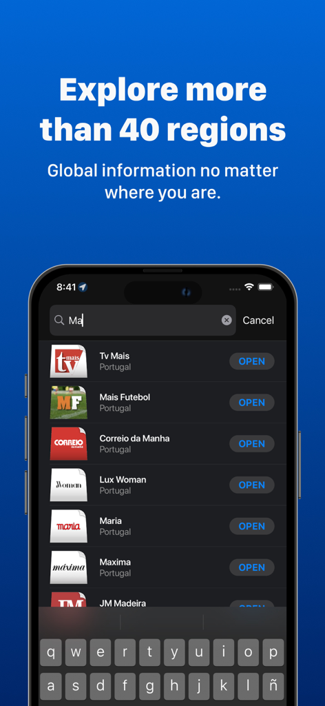 Portuguese Newspapers - A smartphone screen displaying a search list for various Portuguese magazines and newspapers within the app