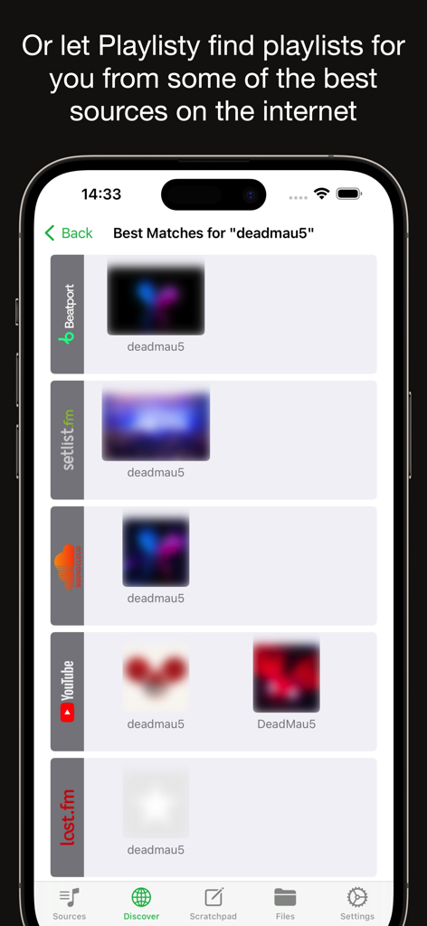 Playlisty app showing playlist search results from YouTube SoundCloud and Beatport for deadmau5